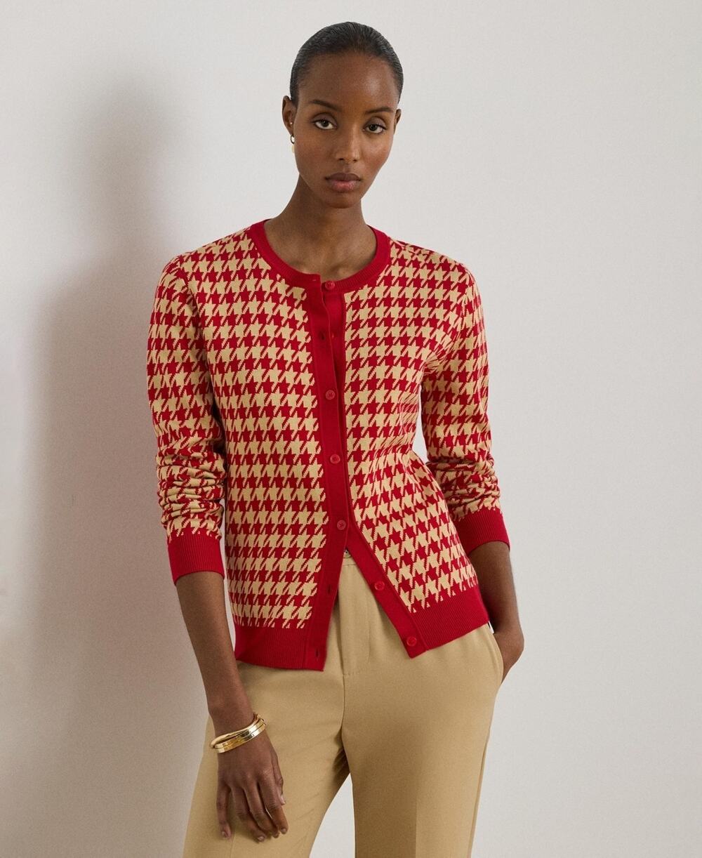 Lauren Ralph Lauren Women's Houndstooth Jacquard Crewneck Cardigan Size L 3989